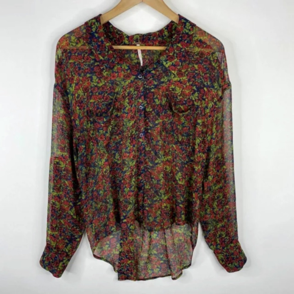 Free People Navy Red Floral Print Sheer Blouse